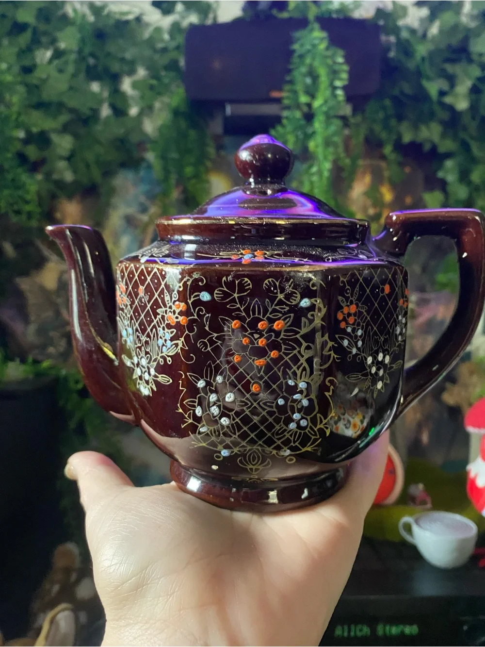 Hand-Painted Floral Brown Ceramic Teapot - Decorative Home Art